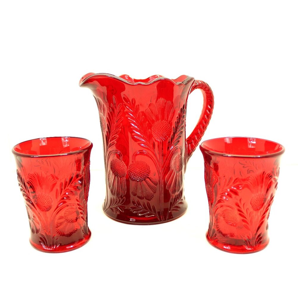 MOSSER RUBY RED GLASS PITCHER & (2) TUMBLERS INVERTED THISTLE PATTERN VINTAGE